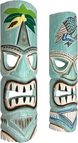 Set of 2 – Large Aqua Teal Tiki Head Mask – Unique Hand Carved Wall Hanging or Freestanding Sculpture – Tropical Parrot and Coconut Tree Accents - Tribal Party Beach Luau Bar Decor in Saudi Arabia