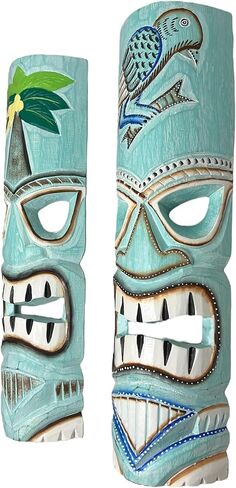 Set of 2 – Large Aqua Teal Tiki Head Mask – Unique Hand Carved Wall Hanging or Freestanding Sculpture – Tropical Parrot and Coconut Tree Accents - Tribal Party Beach Luau Bar Decor in Saudi Arabia