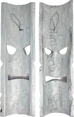 Set of 2 – Large Aqua Teal Tiki Head Mask – Unique Hand Carved Wall Hanging or Freestanding Sculpture – Tropical Parrot and Coconut Tree Accents - Tribal Party Beach Luau Bar Decor in Saudi Arabia