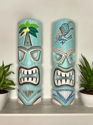 Set of 2 – Large Aqua Teal Tiki Head Mask – Unique Hand Carved Wall Hanging or Freestanding Sculpture – Tropical Parrot and Coconut Tree Accents - Tribal Party Beach Luau Bar Decor in Saudi Arabia