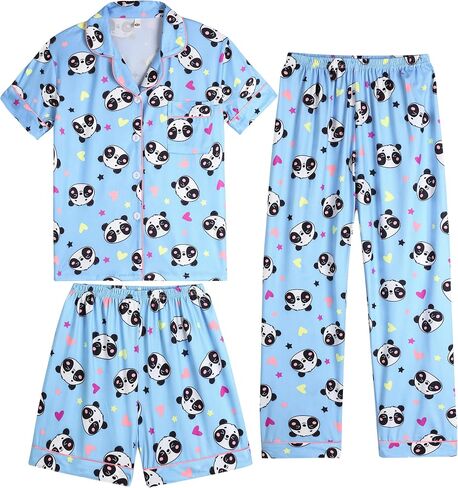 Vopmocld Girls Pajama Sets 3pcs Button Down Short Sleeve Long Pants With Shorts Sleepwear Cute Patterns Nighty For Teens in Saudi Arabia