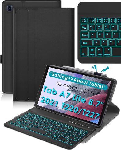 حافظة لوحة المفاتيح بإضاءة خلفية من DETUOSI لجهاز Samsung Galaxy Tab A7 Lite 8.7 بوصة 2021 (SM-T220/T227U) مع حامل قلم S، غطاء جلدي قابل للطي بـ 3 زوايا عرض مع إغلاق مغناطيسي + لوحة مفاتيح لاسلكية قابلة للفصل in Kuwait