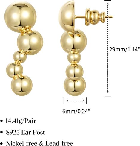 KissYan Gold Dangle Earrings, 14k Gold Paper Clip Chain Ball Drop Earrings Long Beaded Earrings for Women Sterling Silver Post Dainty Jewelry Gifts in Saudi Arabia