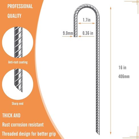 J Hook Rebar Stakes 12 بوصة (12 حزمة) - مرساة أرضية من حديد التسليح - مرساة أرضية ذات جودة احترافية شديدة التحمل لسياج Chainlink، والشبكات الرياضية، والتخييم، والترامبولين، وأنابيب الري والحديقة in Kuwait