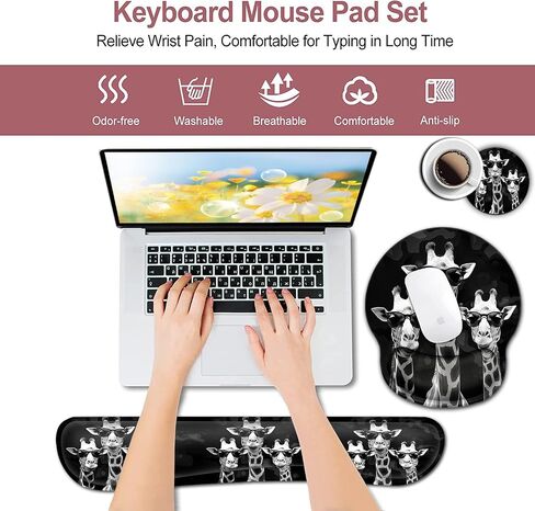 Ergonomic Wrist Protection Mouse Pad Wrist Guard and Keyboard Wrist Rest, Non-Slip Rubber Base Mouse Pad Sunflower and ECG Stethoscope Pattern, Personalized Fashionable Black Office Accessories in Saudi Arabia