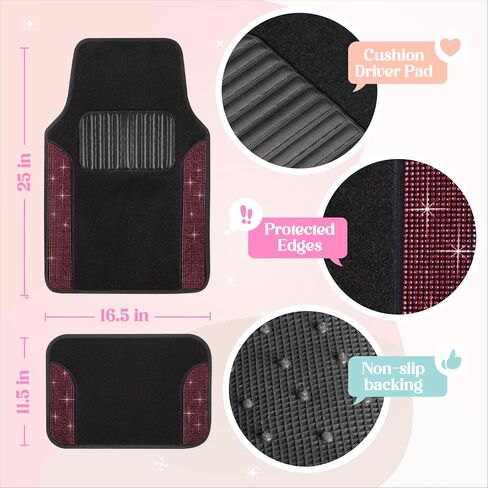 Diamond Bling Car Mats 4-Piece Set, Shiny Rhinestone Crystal Carpet Car Floor Mats, Two-Tone Floor Mats for Cars, Cute Automotive Floor Mats for Women (Black) in Saudi Arabia