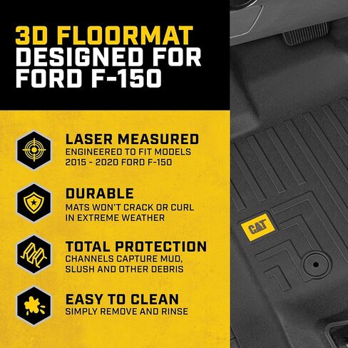 سجادات أرضية Cat® لسيارة Ford F-150 SuperCrew Cab موديل 2015-2024، أمامي وخلفي، حماية من جميع الأحوال الجوية، بطانات أرضية تناسب محيط ثلاثي الأبعاد، أسود، (CAMT-3103) in Saudi Arabia
