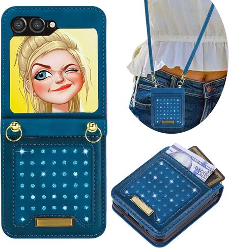 حافظة CCSmall لهاتف Samsung Galaxy Z Flip5 Crossbody للنساء، حافظة هاتف من جلد البولي يوريثان اللامع اللامع مع غطاء حامل بطاقات RFID لهاتف Samsung Galaxy Z Flip 5 SZ أسود in Kuwait