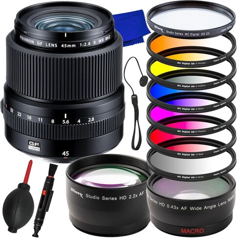 Ultimaxx Deluxe FUJIFILM GF 45mm f/2.8 R WR Lens Bundle - Includes: 6PC Gradual Color Filter Kit, 2.2X Telephoto Zoom Lens Attachment, Protective UV Filter, Lens Pouch, Lens Hood & More (18pc Bundle) in Saudi Arabia