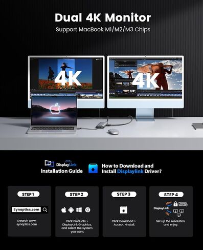 محطة إرساء ORICO ثلاثية العرض DisplayLink لأجهزة الكمبيوتر المحمولة MacBook M1/M2/M3 وأجهزة الكمبيوتر المحمولة التي تعمل بنظام Windows، 2 HDMI 2K@60 هرتز، VGA 1080P@60 هرتز، محول USB-C 5V 3A، 3 USB-A، إيثرنت، SD/TF، ​​صوت in Saudi Arabia