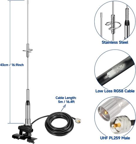 Bingfu Vehicle Mobile Ham Radio High Gain Antenna Dual Band VHF UHF 136-174MHz 400-470MHz Amateur Radio Anti-Rust Antennas for Car Truck Ham Radio Two Way Radio Marine VHF Radio in Kuwait