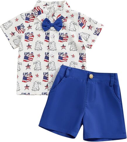 Toddler Boys 4th of July Outfit Short Sleeve Lapel Star Stripe Print Button Shirt Shorts Sets Summer Gentleman Suit in Kuwait