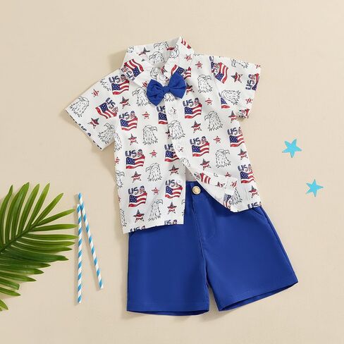 Toddler Boys 4th of July Outfit Short Sleeve Lapel Star Stripe Print Button Shirt Shorts Sets Summer Gentleman Suit in Kuwait