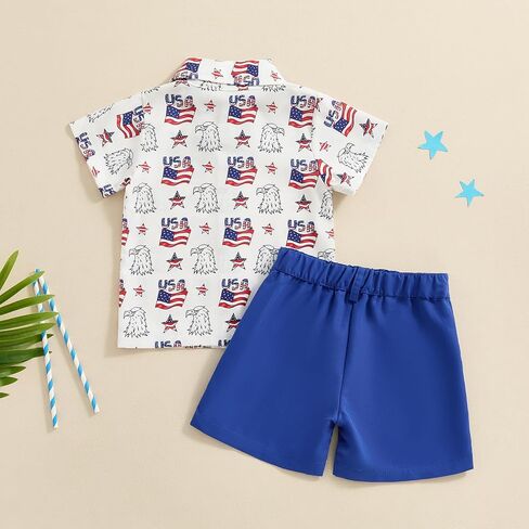 Toddler Boys 4th of July Outfit Short Sleeve Lapel Star Stripe Print Button Shirt Shorts Sets Summer Gentleman Suit in Kuwait