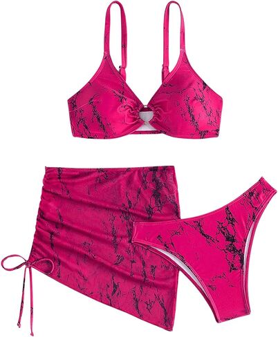 MakeMeChic Women's 3 Piece Bathing Suits Halter Ring Bikini Set with Cover Up Skirt Hot Pink in Saudi Arabia