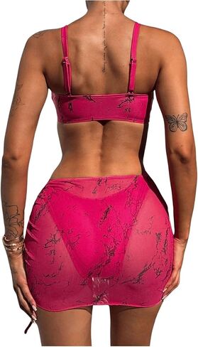MakeMeChic Women's 3 Piece Bathing Suits Halter Ring Bikini Set with Cover Up Skirt Hot Pink in Saudi Arabia