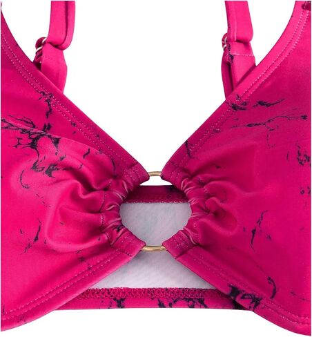 MakeMeChic Women's 3 Piece Bathing Suits Halter Ring Bikini Set with Cover Up Skirt Hot Pink in Saudi Arabia