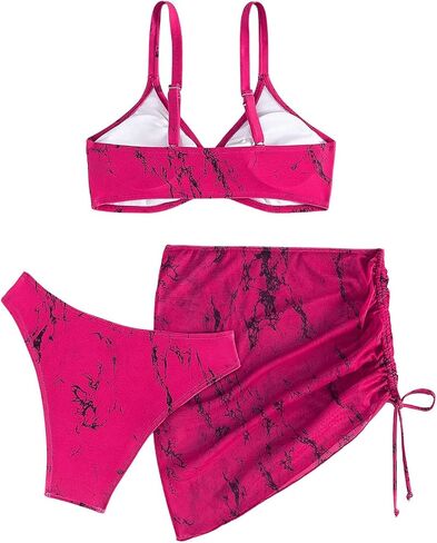 MakeMeChic Women's 3 Piece Bathing Suits Halter Ring Bikini Set with Cover Up Skirt Hot Pink in Saudi Arabia