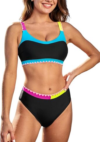 CUPSHE Women's Bikini Sets Two Piece Bathing Suit Scoop Neck Adjustable Straps Color Block Mid Rise in Saudi Arabia