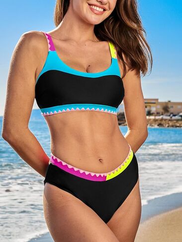 CUPSHE Women's Bikini Sets Two Piece Bathing Suit Scoop Neck Adjustable Straps Color Block Mid Rise in Saudi Arabia
