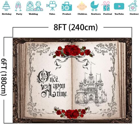 Mocsicka Once Upon a Time Backdrop Princess Castle Wedding Party Background Fairytale Book Red Roses Bridal Shower Party Cake Table Decoration Photo Booth Props (7x5ft) in Saudi Arabia
