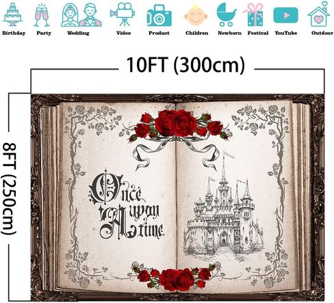 Mocsicka Once Upon a Time Backdrop Princess Castle Wedding Party Background Fairytale Book Red Roses Bridal Shower Party Cake Table Decoration Photo Booth Props (7x5ft) in Saudi Arabia