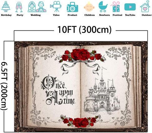 Mocsicka Once Upon a Time Backdrop Princess Castle Wedding Party Background Fairytale Book Red Roses Bridal Shower Party Cake Table Decoration Photo Booth Props (7x5ft) in Saudi Arabia