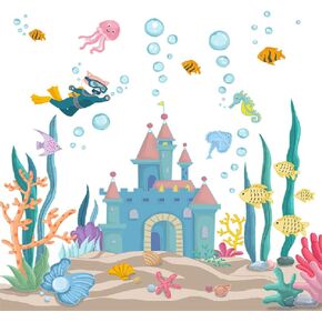Amaonm Removable 3D Cartoon DIY Under The Sea World Wall Decals Castle and Seaweed Wall Stickers Ocean Fish Wall Decor for Girls Bedroom Kids Bathroom Home Walls Living Room Decoration (Castle)