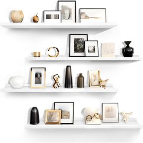 LaVie Home 16-Inch White Floating Shelves for Wall Storage Set of 4 - Modern Minimalist Picture Ledge Shelf Wall Decor for Kitchen, Bedroom, Bathroom, and Living Room