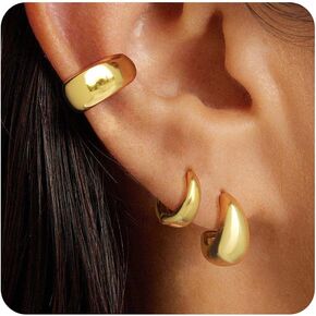Gold Stud Hoop Earrings for Women, Dainty 14K Gold Plated Cartilage Earrings Hypoallergenic Trendy Ear Cuffs Chain Earrings Fashion Jewelry Set for Women Gifts