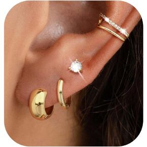 Gold Stud Hoop Earrings for Women, Dainty 14K Gold Plated Cartilage Earrings Hypoallergenic Trendy Ear Cuffs Chain Earrings Fashion Jewelry Set for Women Gifts