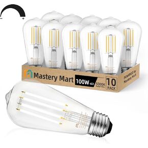 MASTERY MART 100 Watt LED Bulb, Edison Bulbs Dimmable Light Bulbs E26, 5000K Daylight White Bright 9W 1100LM, ST21/ST64 Vintage Light Bulbs, UL Listed, Clear Glass, Decorative Light Bulb (10 Pack)