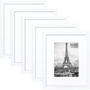 6x8 White Picture Frame Set of 5, Display Pictures 4x6 with Mat or 6x8 Without Mat, Picture Frame for Wall Gallery Photo, Tabletop, Prints, Photos, Paintings, Landscape, Kids Artwork