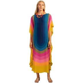 GrivaDesign Full Lengthed Printed Softy Silk Modest Wear Kaftan for Women,Beach Dress,Maxi Dress,Caftan, Birthday,Regular Kaftan (Blue and Yellow)