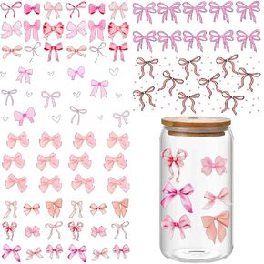 UV DTF Cup Wrap,6 Sheets Pink Bow UVDTF Cup Wraps Rub On Transfer Stickers for Glass Cups Cute Bows UV DTF Transfer Sticker Sweet Bowknot Ribbon UV DTF Wraps DTF Transfers UV DTF Decals Crafts Decor