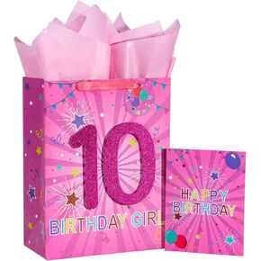 Loveinside Birthday Pink Gift Bag with Tissue Paper, Gift Tag and Greeting Card for 7th Girl Birthday, Party, Baby Shower and More - 10" x 5" x 13", 1 Pcs - 7th Birthday