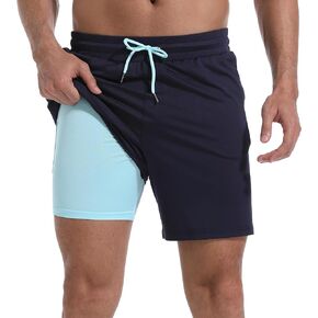 Mens Swim Trunks with Compression Liner 7" Board Shorts with Zipper Pockets 2 in 1 Quick Dry Bathing Suits