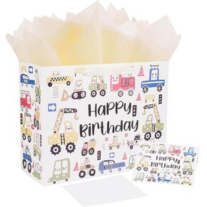 JWSCYSY 12.6" Large Car Happy Birthday Gift Bag with Card and Tissue Paper for Baby Boy Girl,Kids Birthday(Cute Construction Vehicle)