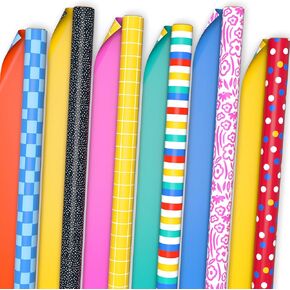 Hallmark Reversible Wrapping Paper Assortment (6 Rolls: 150 Square Feet Total) Solids, Rainbow Stripes, Polka Dots, Flowers, Grids