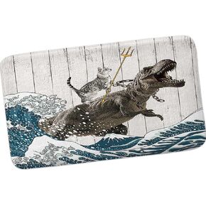 Funny Cat Bath Mat Set 3 Piece, Cool Cat Dinosaur Japanese Ocean Wave Decor Soft Bathroom Rugs, Rustic Wooden Barn Farmhouse Bath Mat, Contour Rug and Toilet Lid Cover Sets