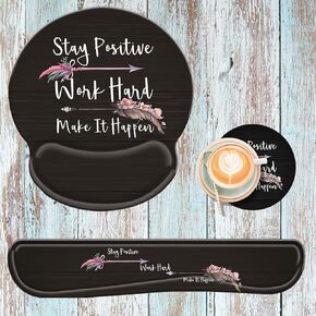 Keyboard Wrist Rest and Ergonomic Mouse Pad with Wrist Support Set,Non-Slip PU Base,Matching Cute Coaster and Multifunction Removable Elephant Pen Holder,Stay Positive Work Hard and Make It Happen