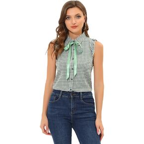 Allegra K Women's Bow Tie Neck Blouse Vintage Ruffle Sleeveless Gingham Plaid Shirt