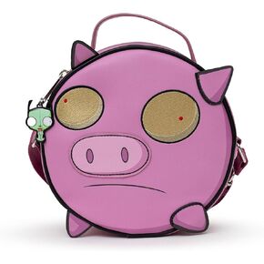Nickelodeon Bag, Crossbody, Round, Invader Zim Piggy Close Up Applique with Embroidery, Pink, Vegan Leather