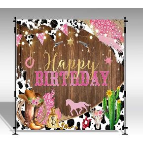 Mocsicka Western Cowgirl Birthday Backdrop for Girls Party Decorations Rustic Rodeo Boot & Horse Theme Photo Booth Background, Happy Birthday Banner Photo Booth Props (Pink, 7x5ft (82x60 inch))