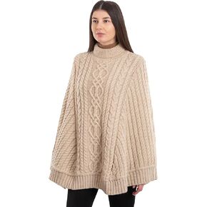 SAOL 100% Merino Wool Cable Knit Ladies Irish Aran Poncho Cardigan