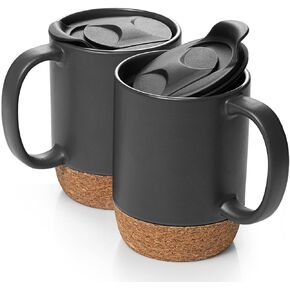 DOWAN Coffee Mugs, 15 oz Mug Set of 2, Large Ceramic Coffee Mug with Cork Bottom and Spill Proof Lid for Mom Dad, Big Mug for Coffee Latte Tea, Matte Grey