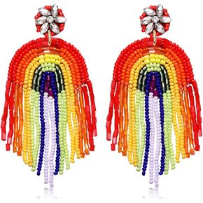 Rainbow Earrings Beaded Rainbow Arch Fringe Statement Earrings Boho Hippie Love Pride Earrings Summer Beach Jewelry