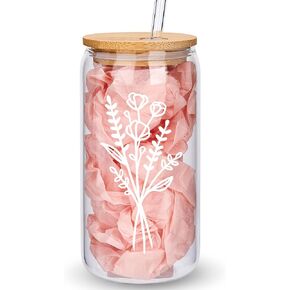 Cute Glass Cups with Lids and Straws, Aesthetic Iced Coffee Cup, Flower Coffee Mugs, Personalized Tumbler with Straw, Birthday Gifts for Women Friend Sister Her Coffee Lover Bridesmaid Mom Teacher