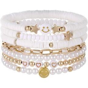 Heishi Surfer Bracelet Set for Women Girls Bohemian Stackable Evil Eye Vinyl Disc Beaded Stretch Shell Bracelets Elastic Layering Friendship Bracelets Boho Summer Beach Jewelry