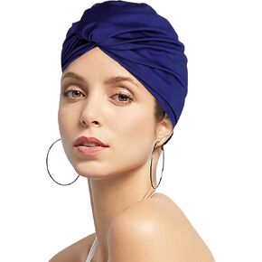 Womens Pleated Knotted Swimming Cap Fabric Non-Waterproof Swim Bathing Cap Elastic Turban Hat Soft Beanie Bonnet for Sleeping